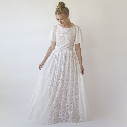 Vintage Lace Wedding Dress, Short Sleeves Modest Pearly Wedding Dress #1346