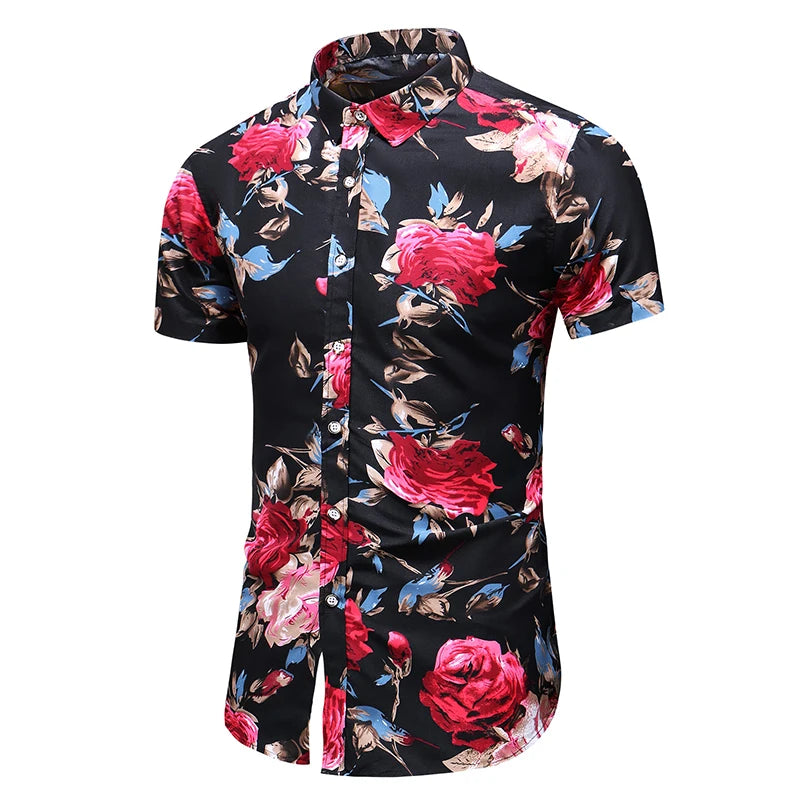 Summer Men Print Short Sleeve Hawaiian Shirt Casual Flower Slim Fit Beach Shirts