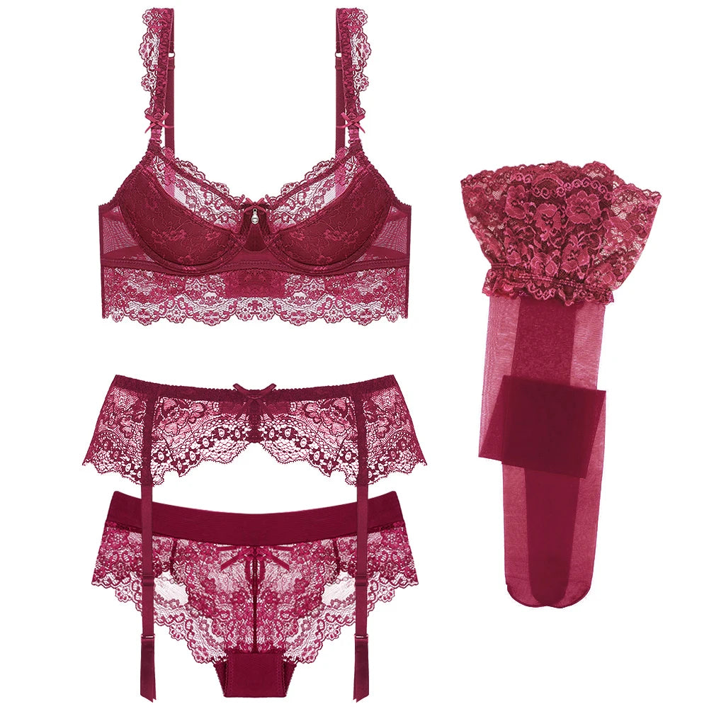 Varsbaby Sexy Lace Bra Sets Bra+panties+garter+stockings