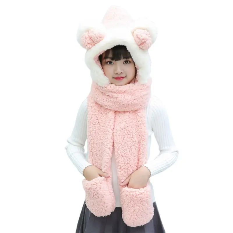 Warm Plush Winter Hat Cute Bowknot Bear Ears Scarf Gloves Hoodie Cap