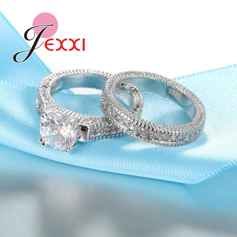 Stamped Silver Needle Ring Sets 2 PCS  Crystal Heart Stone Rings