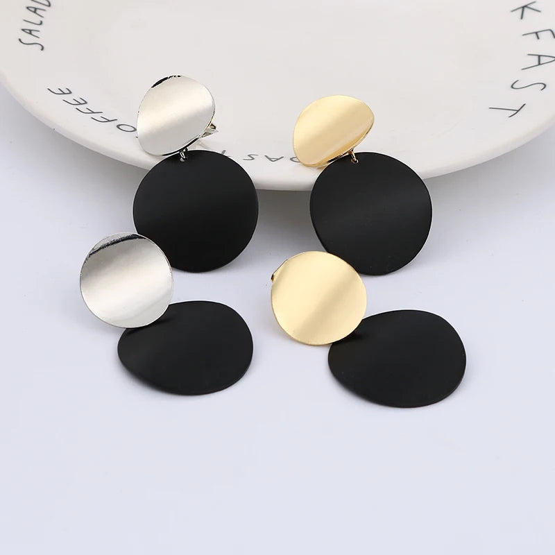 Non Pierced Clip on Earrings Gold Black Metal Round Disc Statement Ear Clips