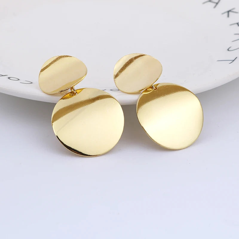 Non Pierced Clip on Earrings Gold Black Metal Round Disc Statement Ear Clips