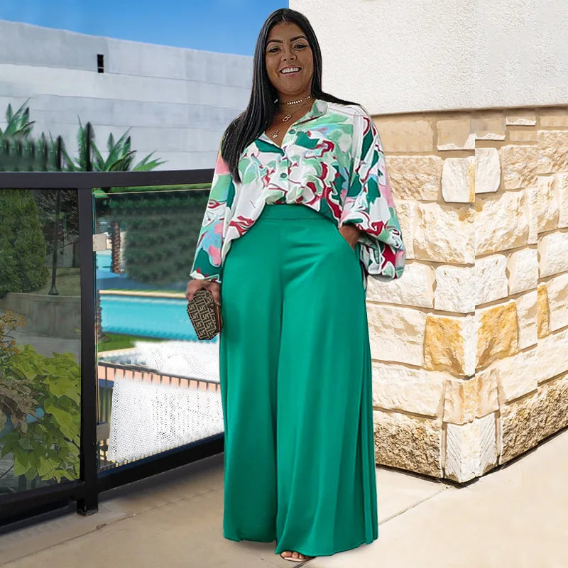 Plus Size Women's Clothing Loose Casual Printed Shirt Top Wide Leg Pants Set