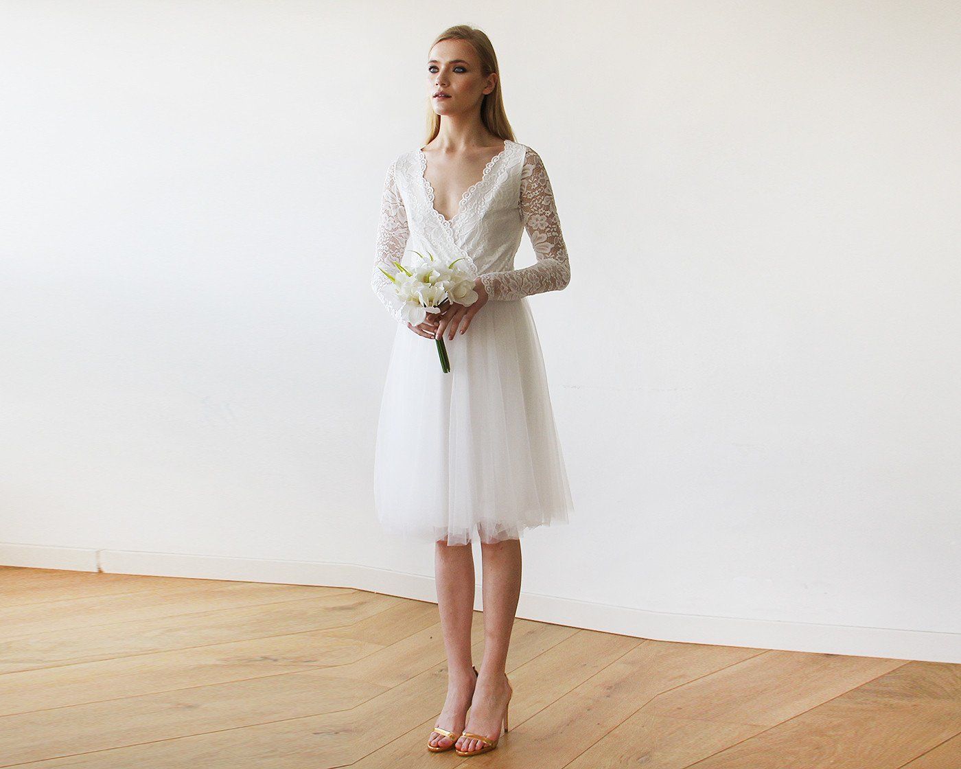 Short Wedding Dress ,Ivory Tulle & Lace Midi  Dress