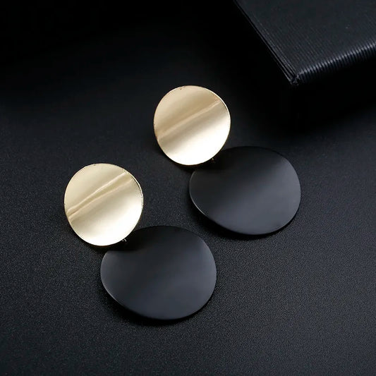 Non Pierced Clip on Earrings Gold Black Metal Round Disc Statement Ear Clips