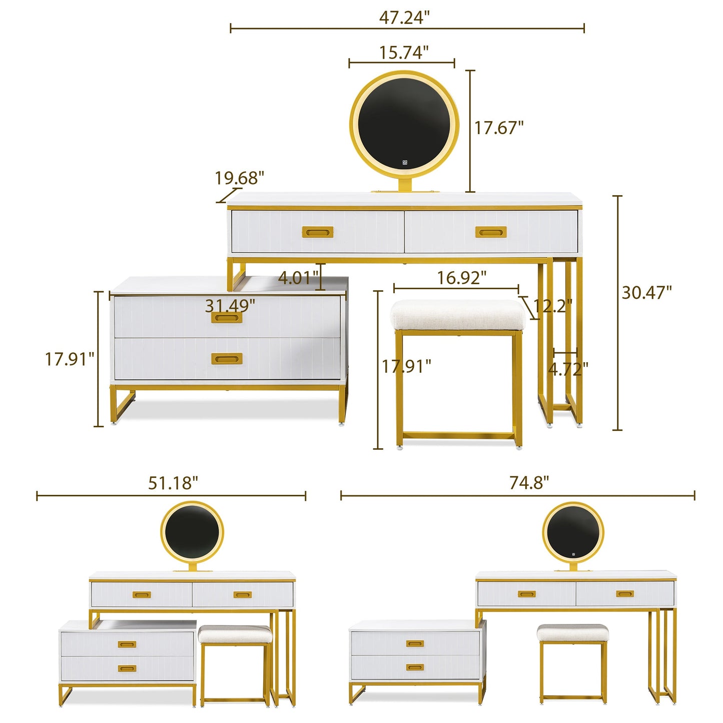 Vanity Table With Movable Side Cabinet and 4-Drawers