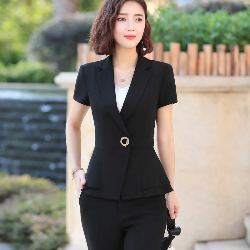 Short Sleeve Slim Blazer and Trousers Business Temperament Office Lady Work Wear