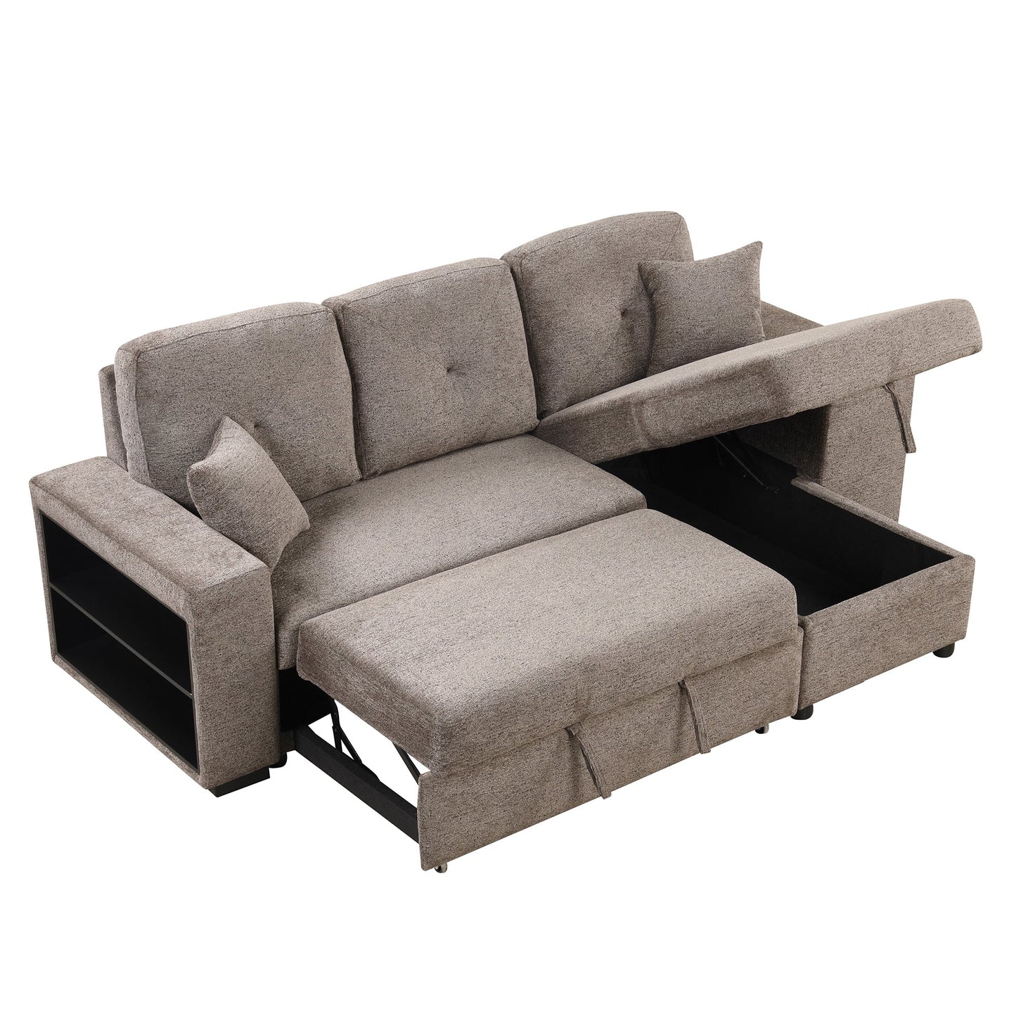 Reversible Sleeper Sectional Sofa Bed With Side Shelf and 2 Stools