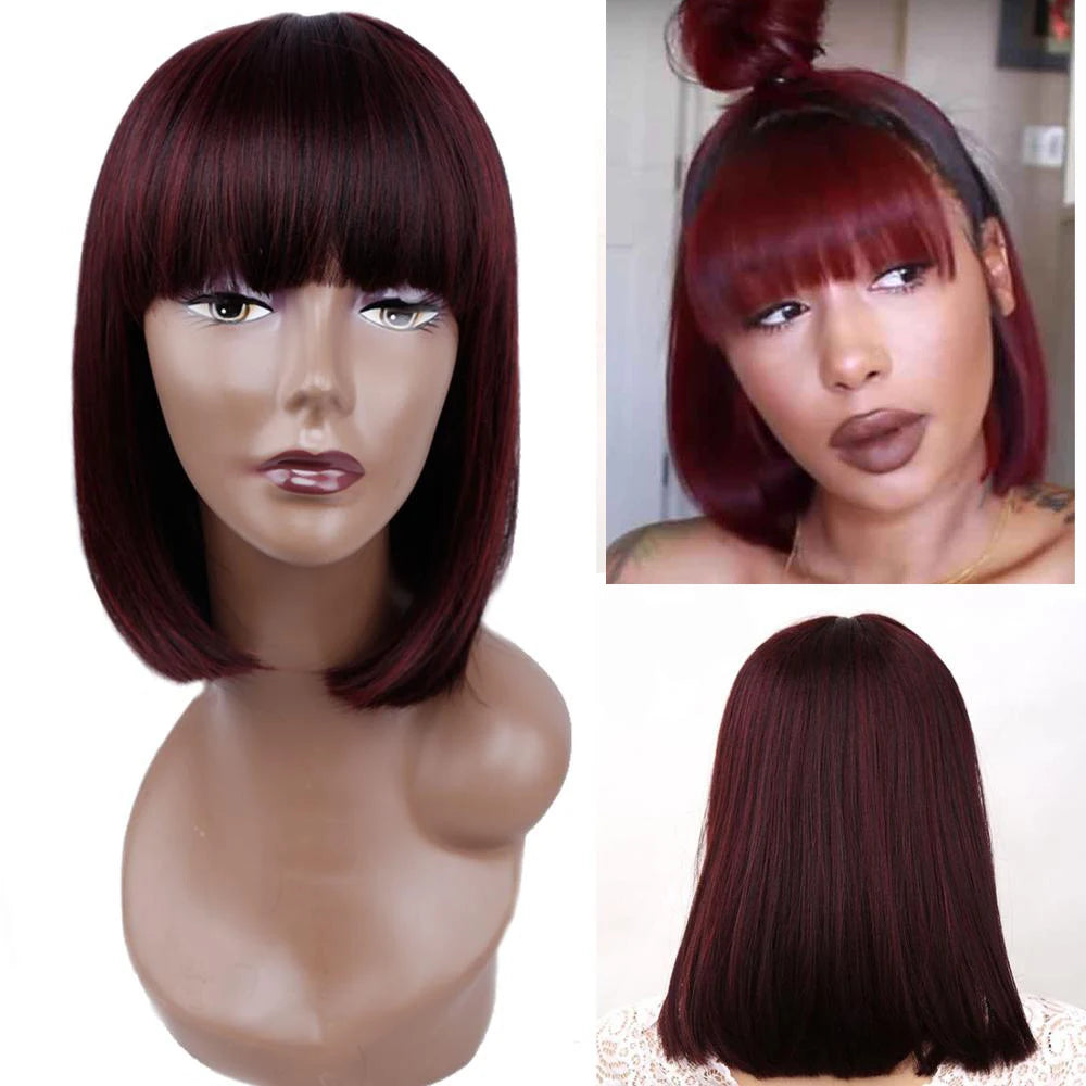 Straight Black Synthetic Wigs With Bangs Hair Bob Wig Heat Resistant