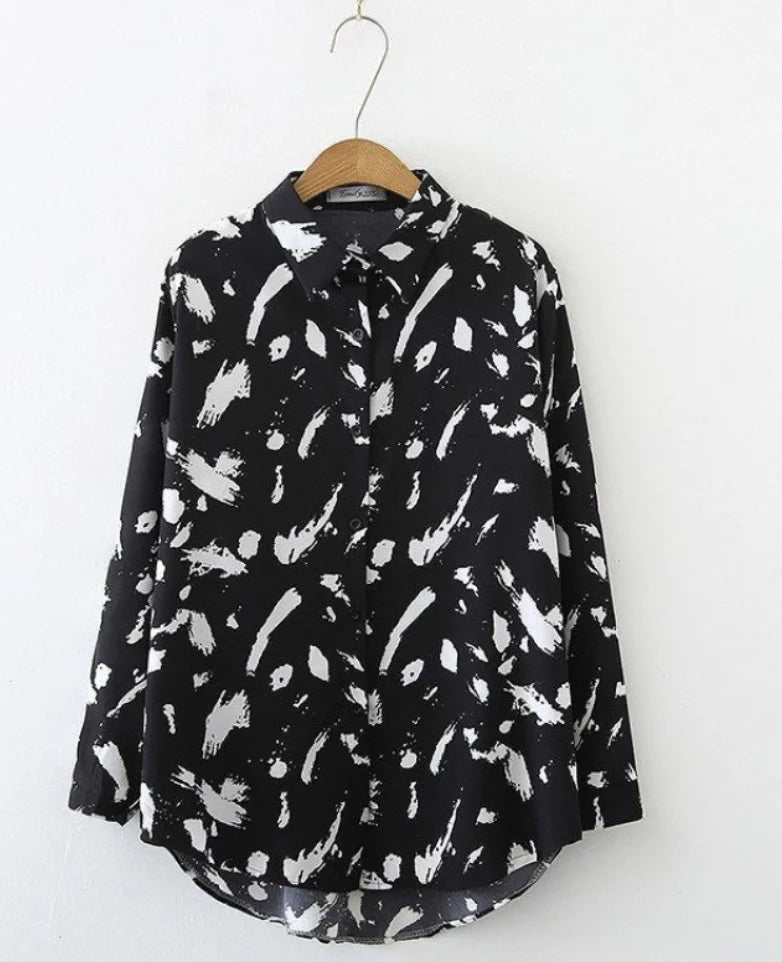 Women Vintage Printed Long Sleeve Buttons Blouse Casual Shirt