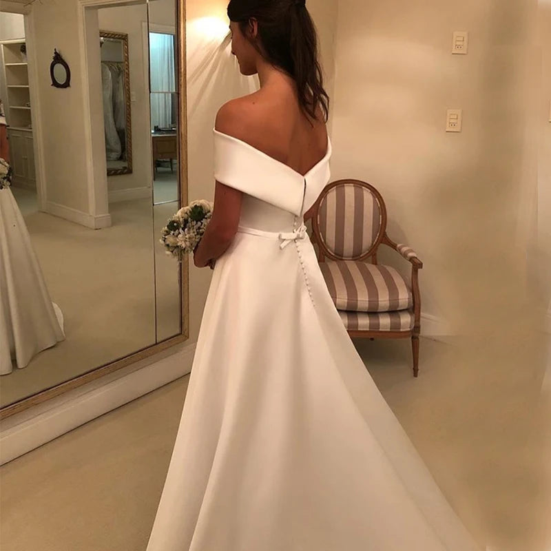 Simple a Line Wedding Dresses Satin Off the Shoulder Wedding Bridal Gowns