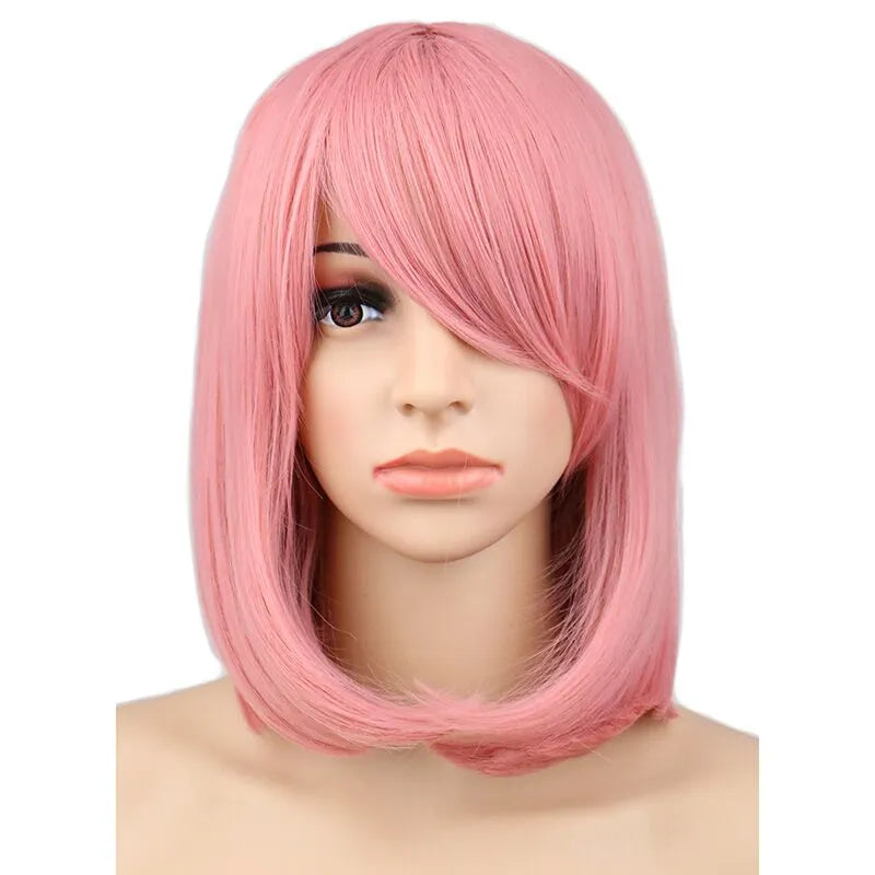 Short Bob Straight Cosplay Wig Costume Party Pink 40 Cm Synthetic Hair Wigs