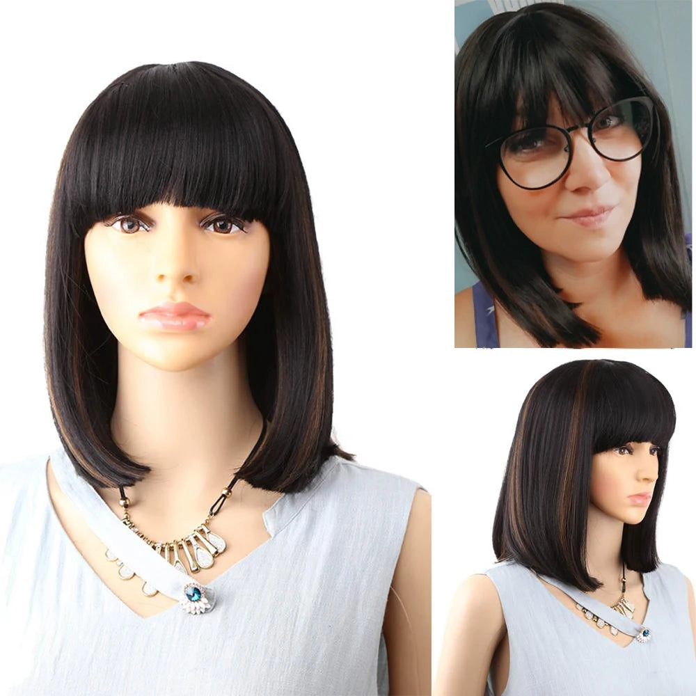 Straight Black Synthetic Wigs With Bangs Hair Bob Wig Heat Resistant