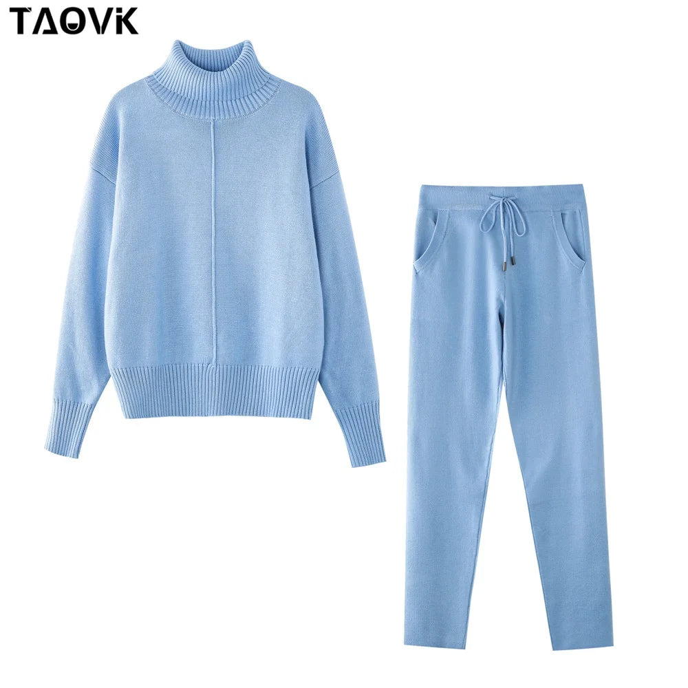 Women's Woolen Knitted Suit High Collar Sweater + Pants Loose Style