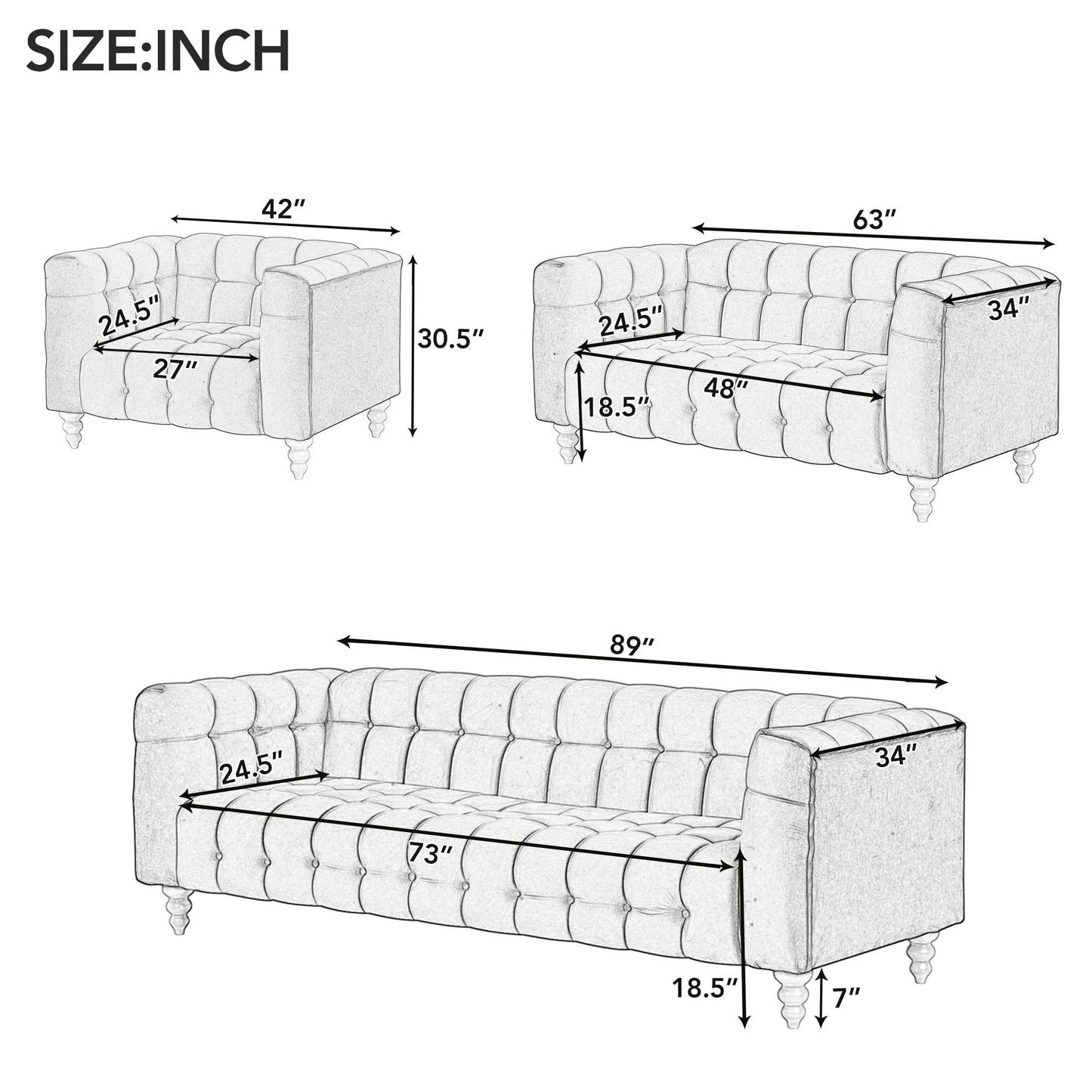 Modern 3-Piece Sofa Set With Solid Wood Legs, Buttoned Tufted Backrest