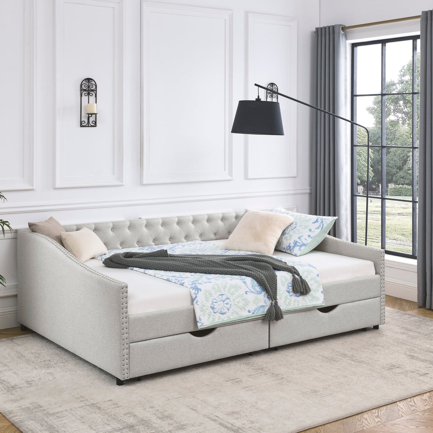 Queen Size Daybed With Drawers Upholstered Tufted Sofa Bed