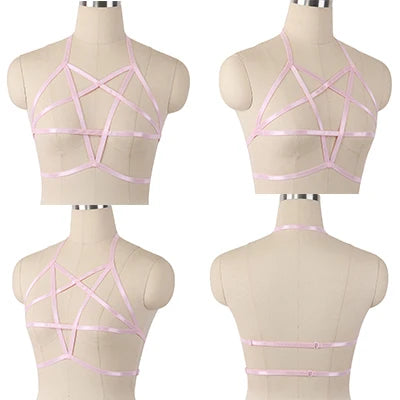 Original Design Pink Collar Bow Harness Bra Kawaii Open Chest Bondage Body Cage