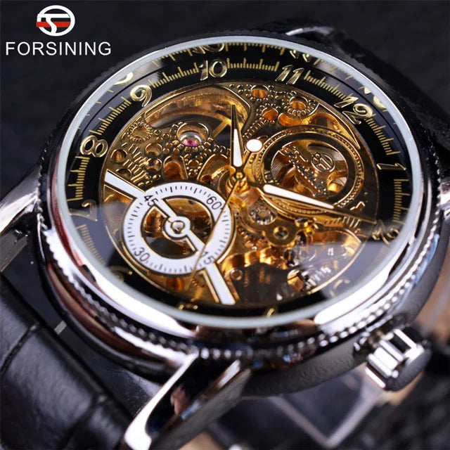 Skeleton Casual Black Golden Case Gear Bezel Watches Men Automatic Watches