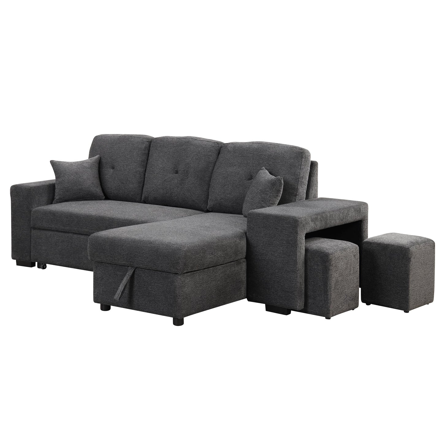 Reversible Sleeper Sectional Sofa Bed With Side Shelf and 2 Stools