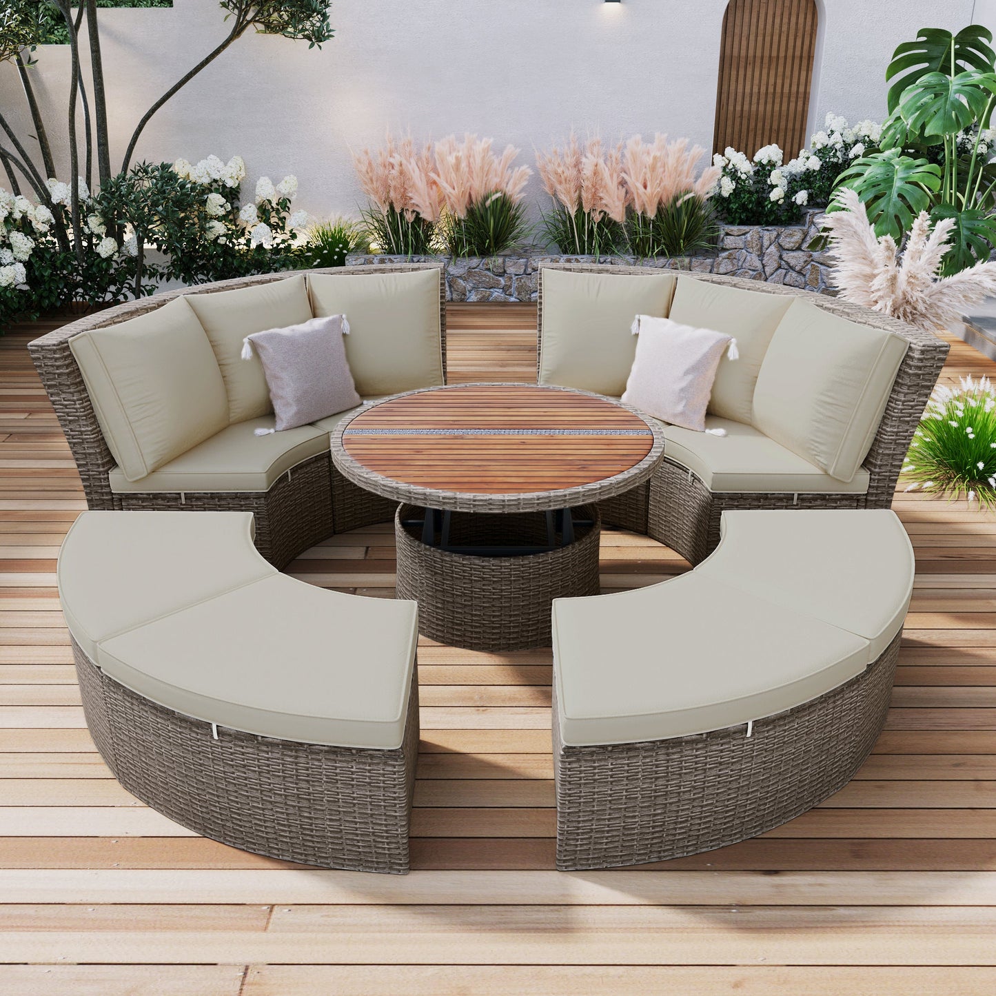 Patio 5-Piece Round Rattan Sectional Sofa Set