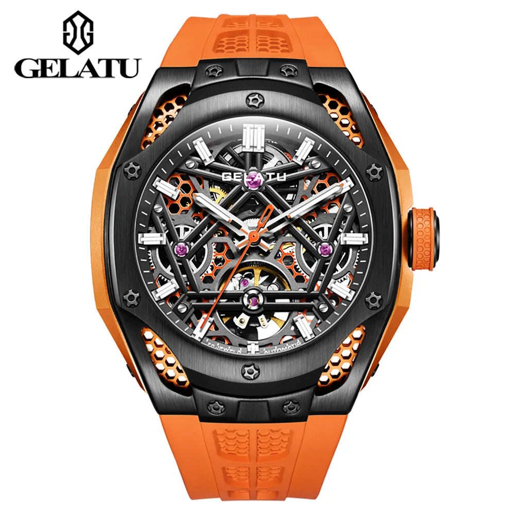 Watches for Men Fashion Orange Top Brand Leather Automatic Wrist Watch Men