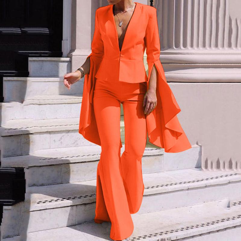 Pants Suits Women Flare Sleeve v Neck Tops and Long Bell Bottoms