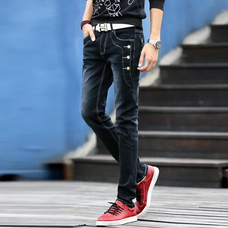 Streetwear Skinny Slim Fit Button Denim Pant Male Trouser Black Blue