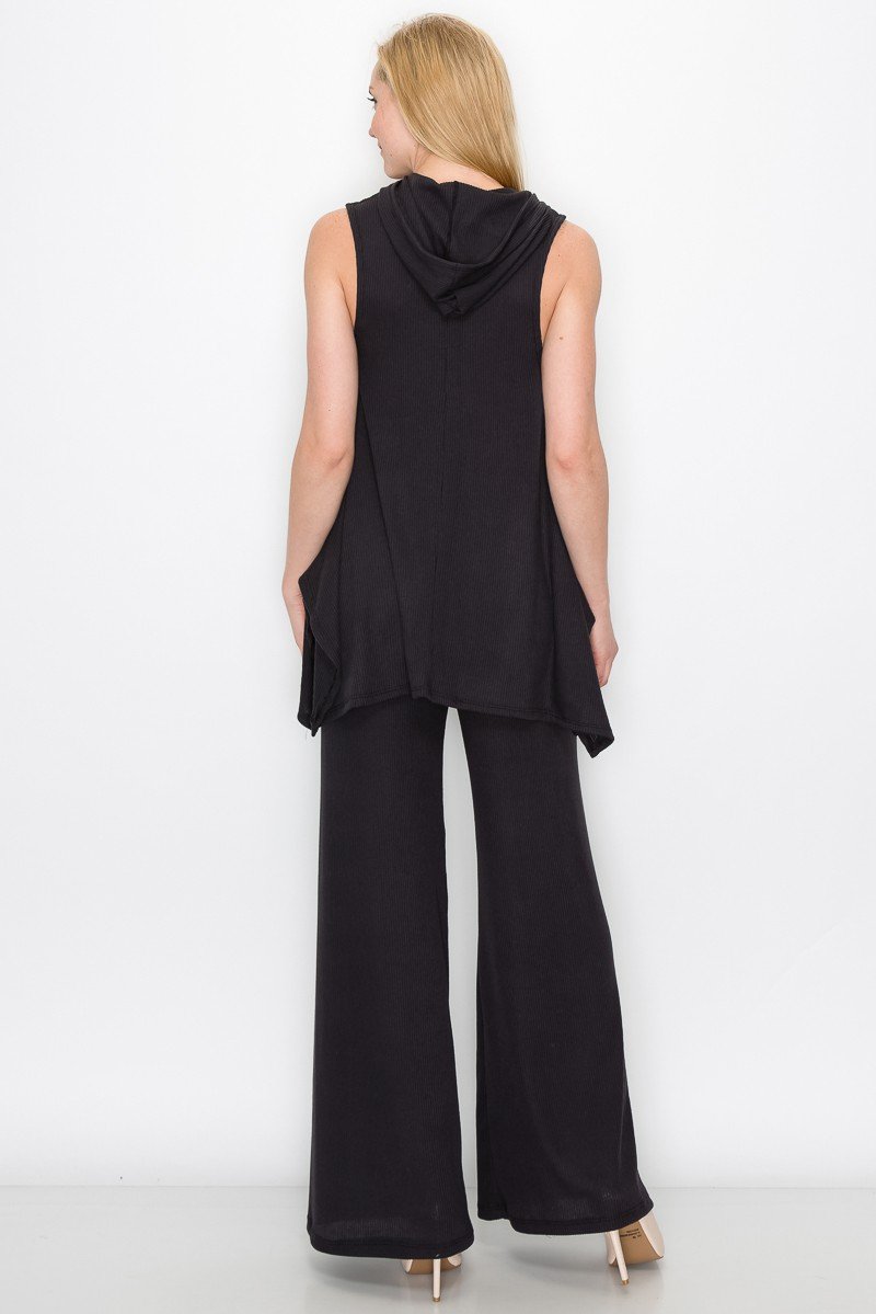 Sleeveless Hooded Top and Wide Leg Pants Set - Black