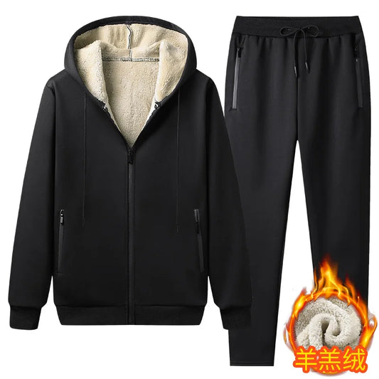 Winter Men Set Warm Thick Hooded Jacket+Pants 2PC Sets  Hoodies Zipper Tracksuit