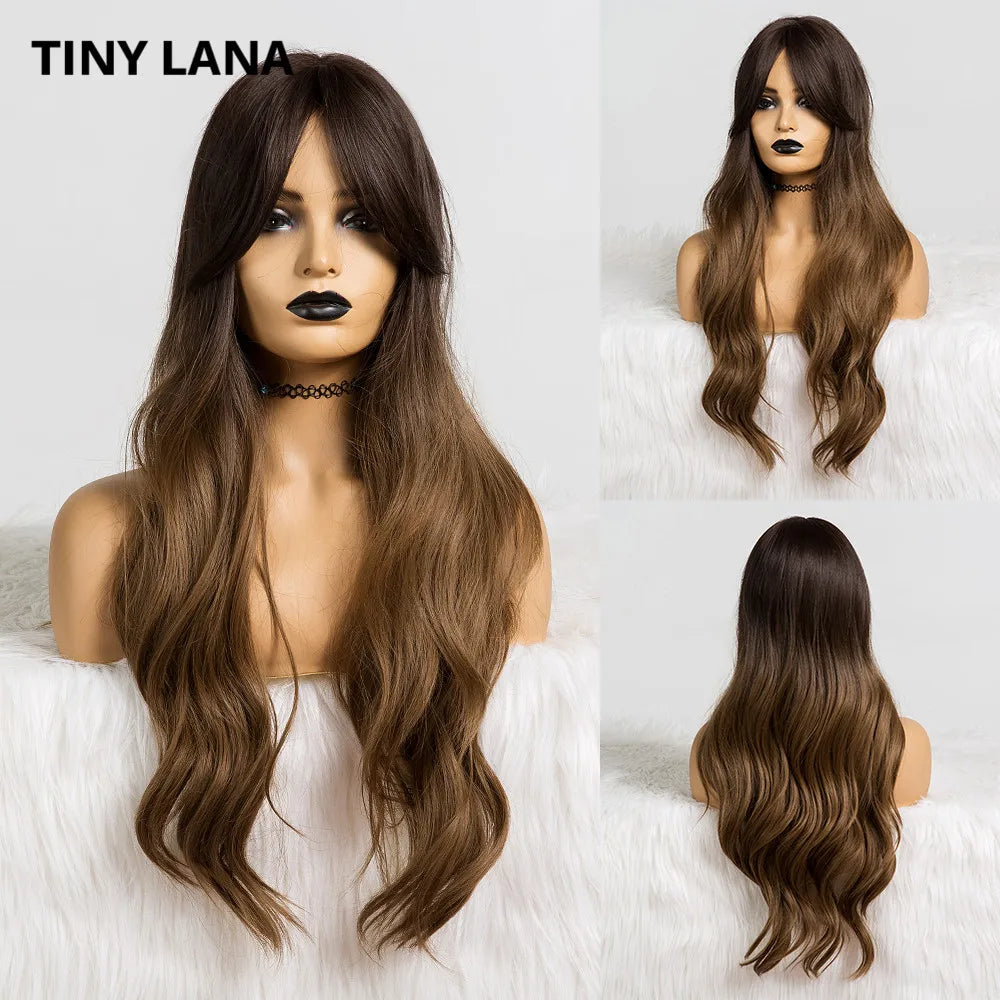 Synthentic Wavy Wigs Brown Blonde Middle Part Wigs With Bangs