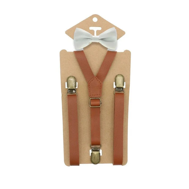 Y Back Kid Brown Tan Leather Suspender and Bow Tie Ring Bowtie Set