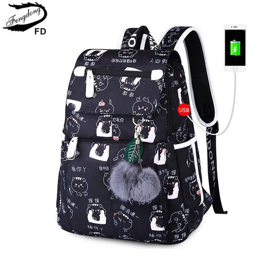 Usb School Bags  Black Backpack Plush Ball Girl Schoolbag Butterfly Decoration