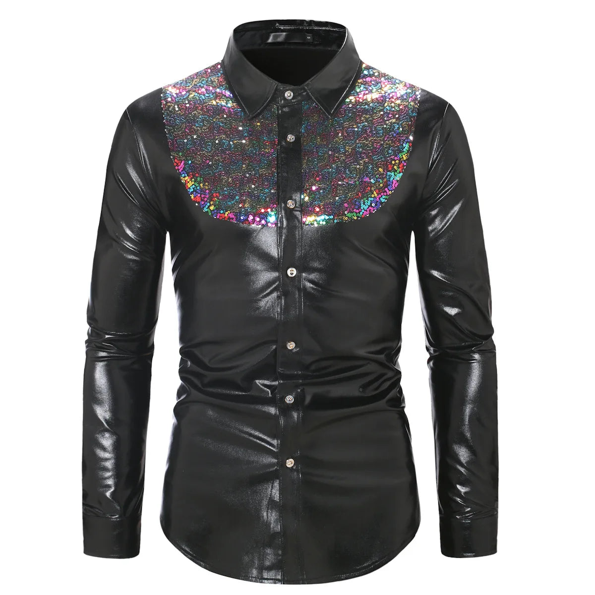 S-2xl Autumn New Fashion Contrast Sequin Disco Shirt Men's Long Sleeve Shirt