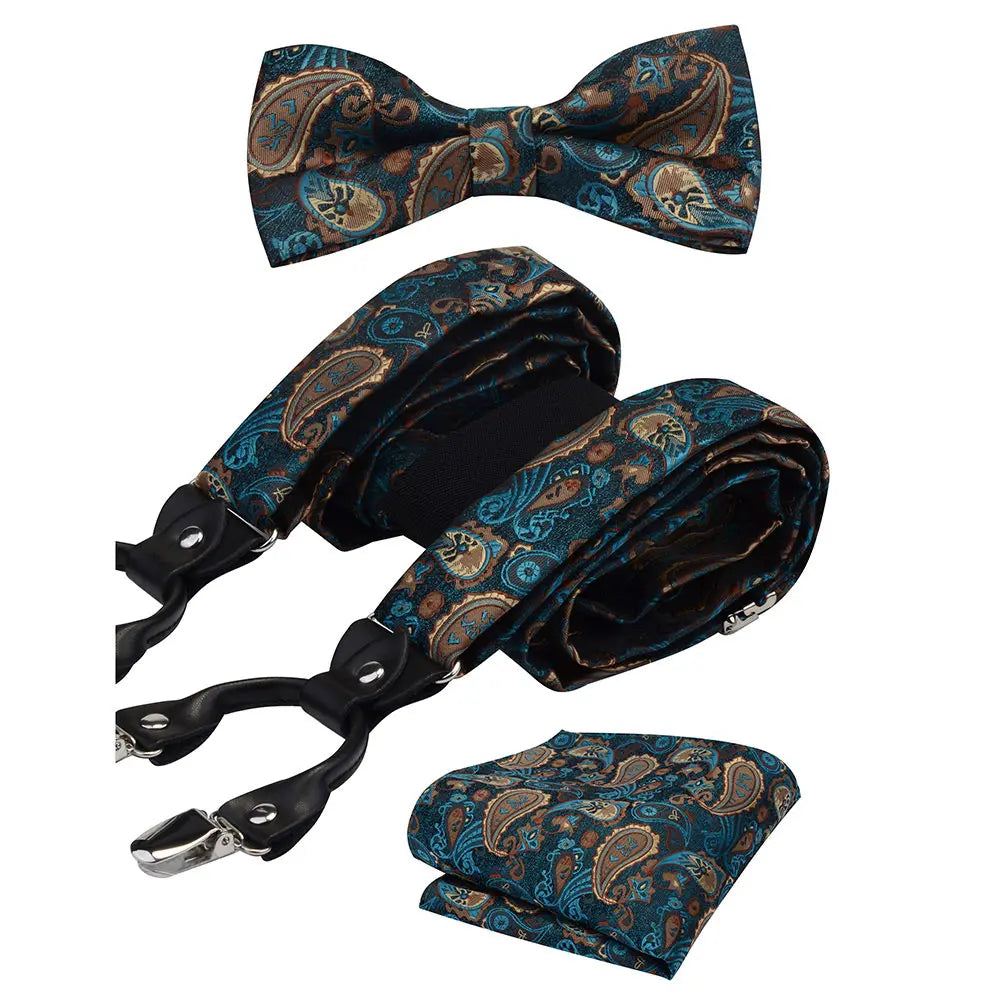 Y Shape Suspenders Bowtie and Pocket Square Set