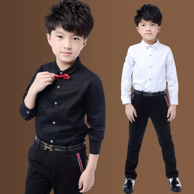 New Children Boys Shirts Cotton Solid Black&White Shirt With Tie