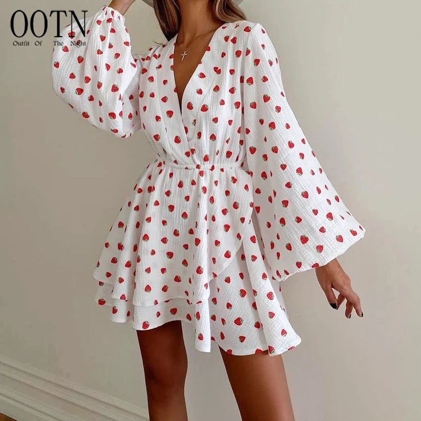 v Collar Lantern Sleeves Ladies Mini Dresses  Print Women's Dress