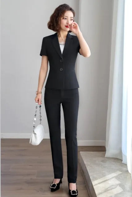 Short Sleeve Slim Blazer and Trousers Office Ladies Work Wear