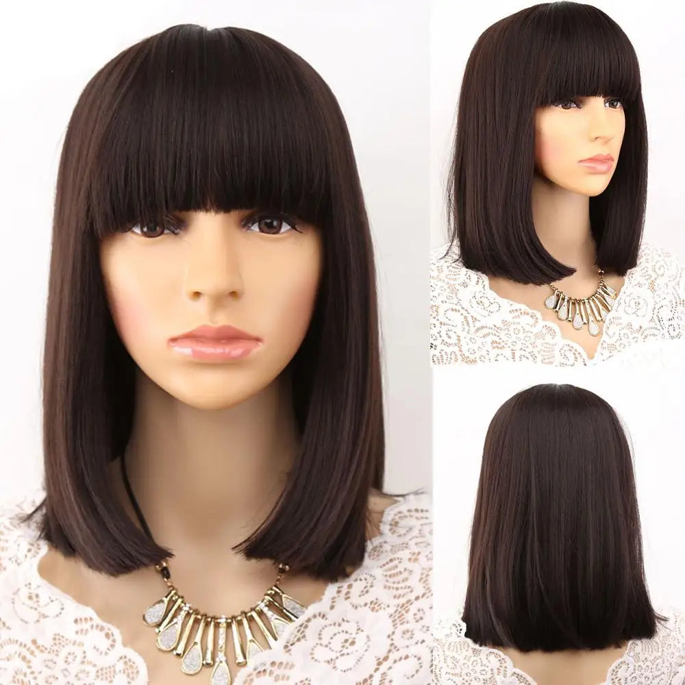 Straight Black Synthetic Wigs With Bangs Hair Bob Wig Heat Resistant