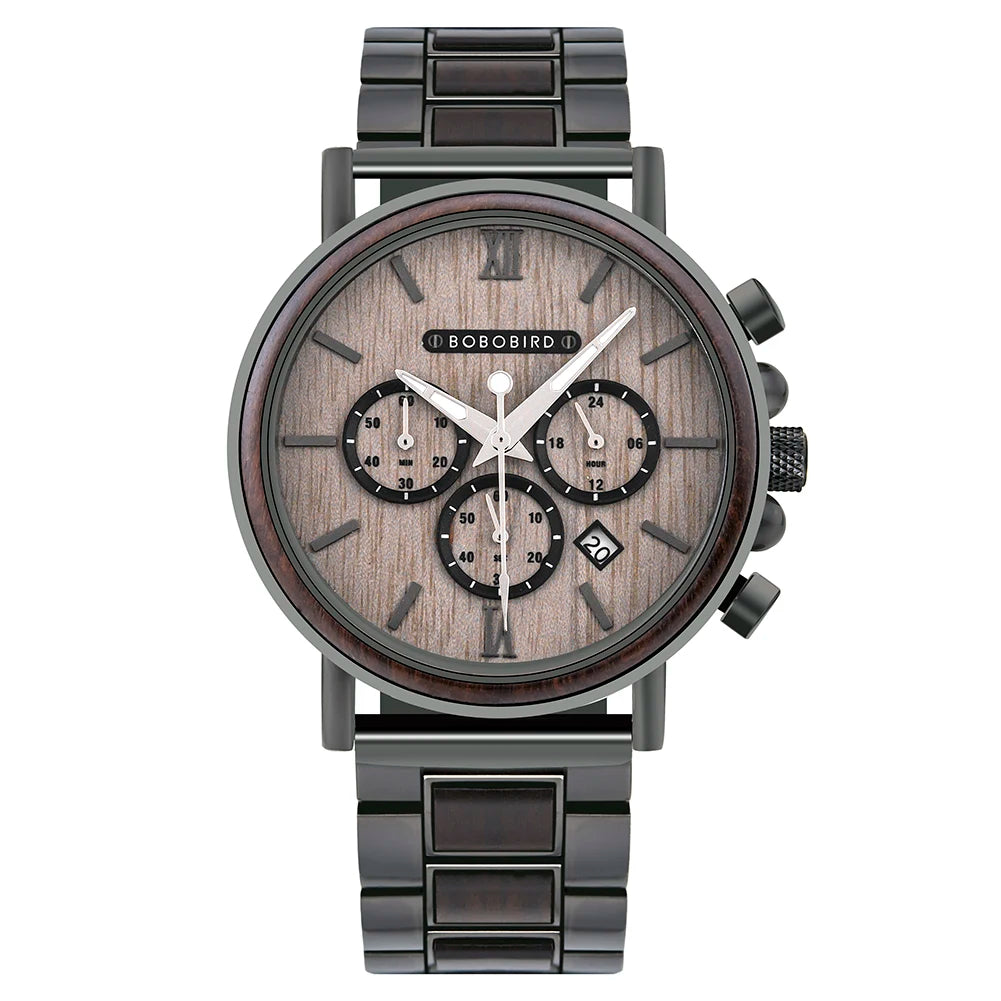 Wood and Stainless Steel Watches Luminous Hands Stop Clock