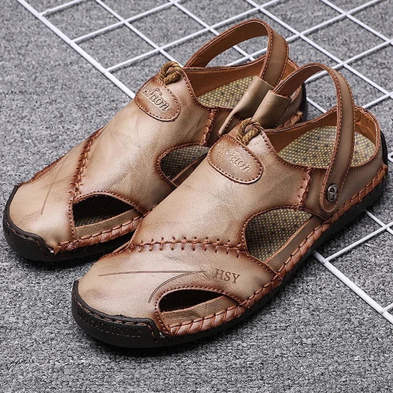 Summer Men's Leather Sandals Slides Breathable Outdoor Beach Slippers