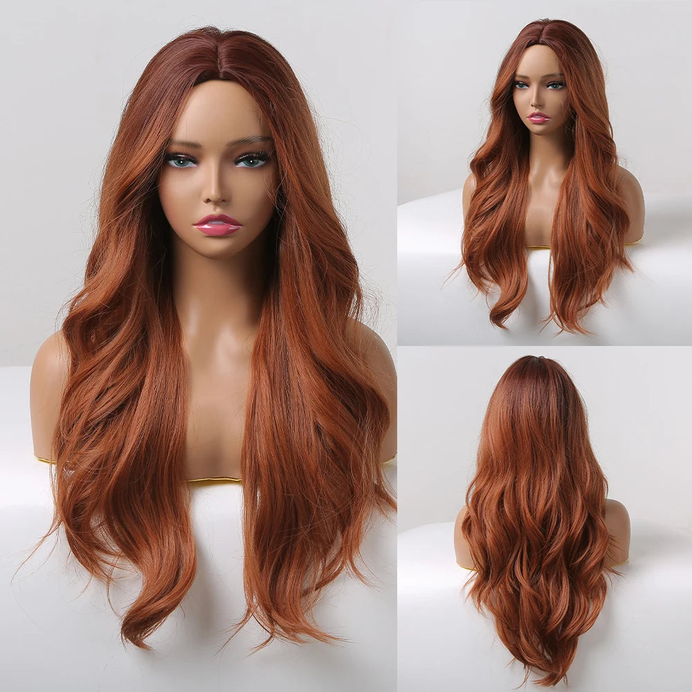 Synthentic Wavy Wigs Brown Blonde Middle Part Wigs With Bangs