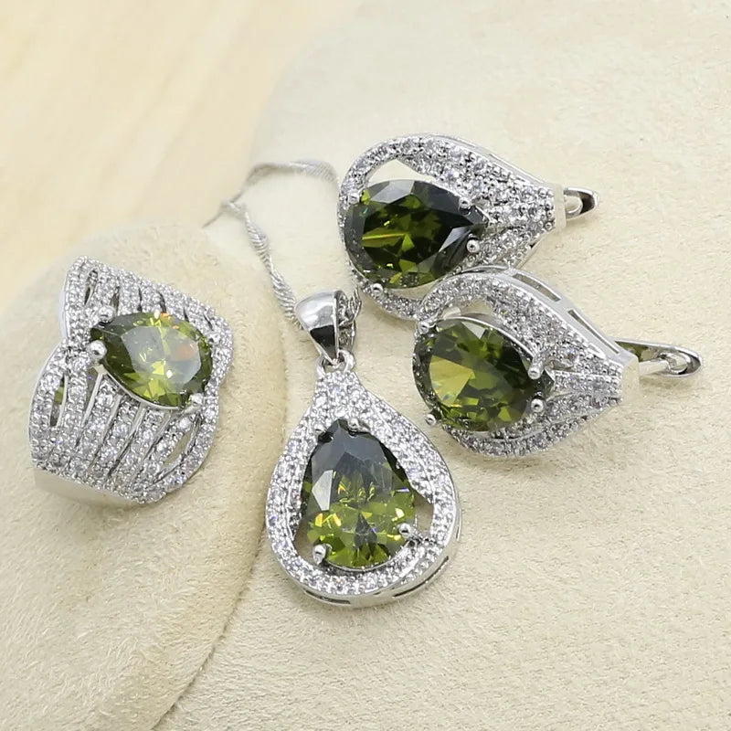 New Green Peridot Zircon SilverJewelry Set