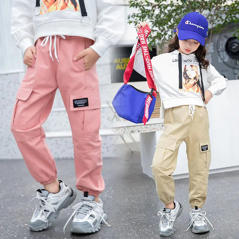 New Cowgirl Cargo Pants Spring Autumn Solid Color Kids Cotton Trousers