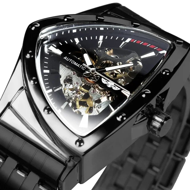 Skeleton Gold Watch Men Automatic Mechanical Wristwatch Stainless Steel Watch