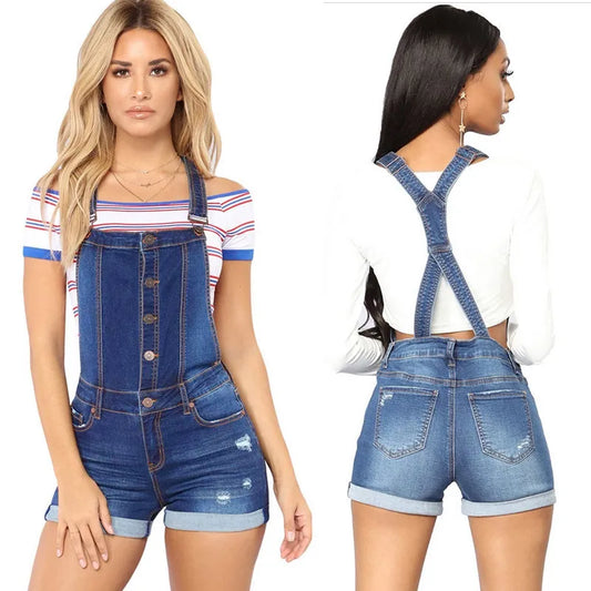 Short Denim Overalls Women Hole  Jumpsuit High Waist Casual Jeans