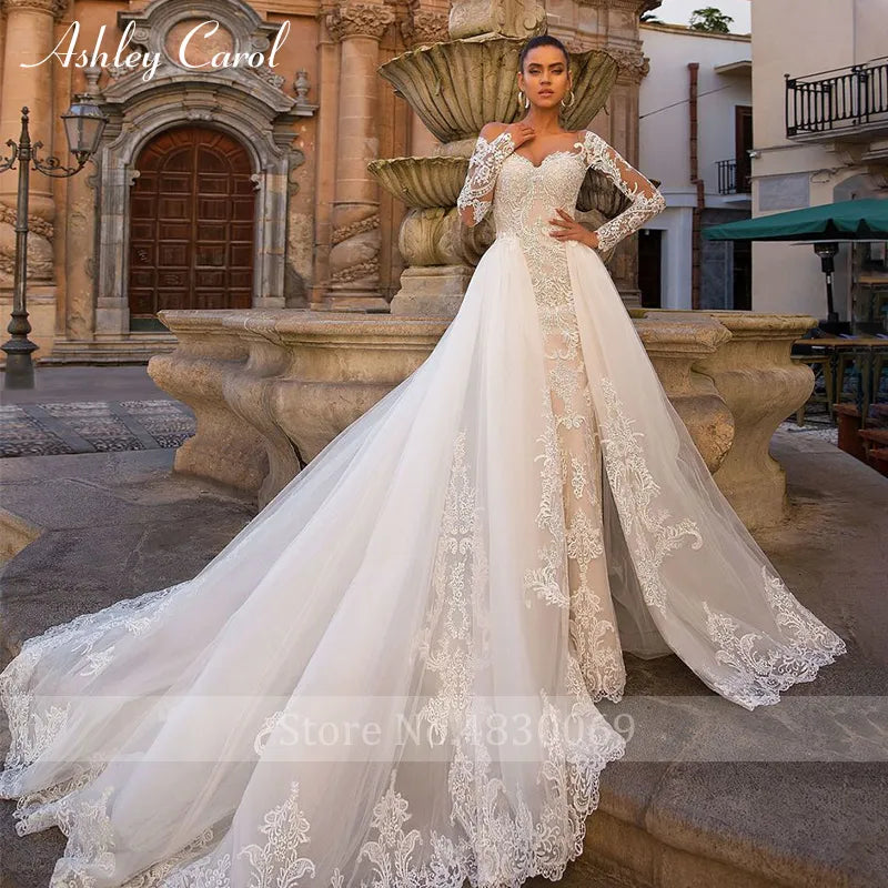 Sexy Mermaid Wedding Dress Sweetheart Long Sleeve Detachable Train