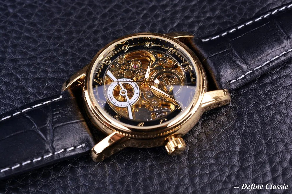 Skeleton Casual Black Golden Case Gear Bezel Watches Men Automatic Watches