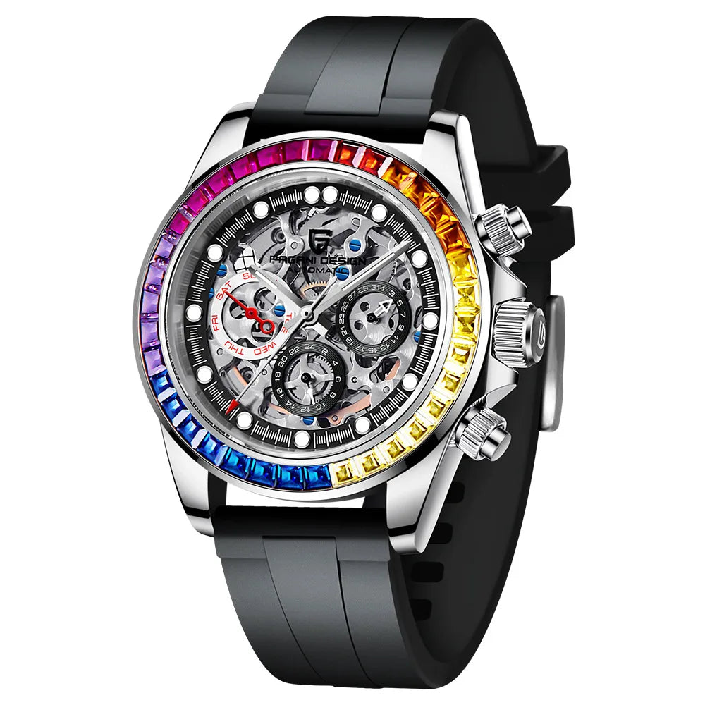 Stainless Steel Watch Rainbow Diamond Skeleton Watches Men Wrist