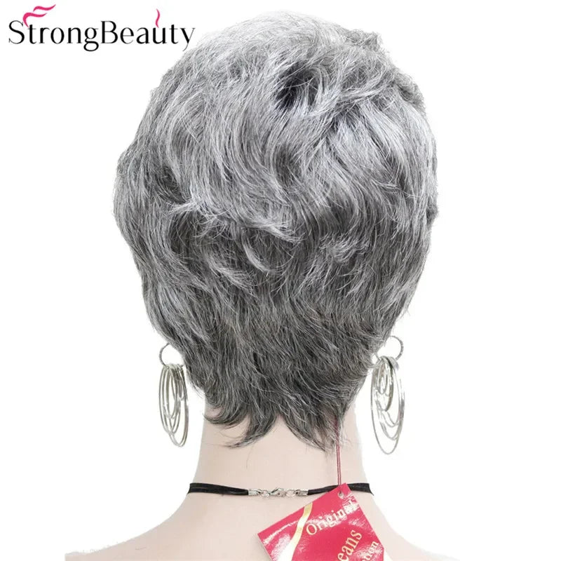 Synthetic Short Straight Hair Puffy Natural Blonde/Silver Grey Wigs With Bangs